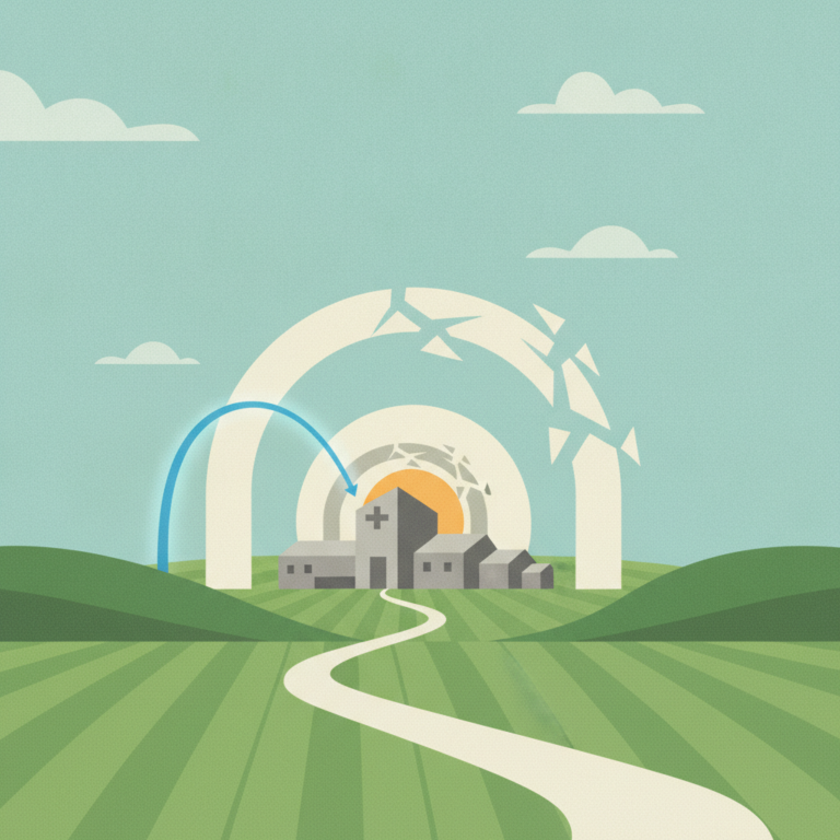 An editorial illustration of a small rural hospital