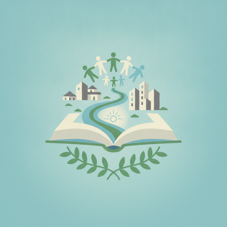 arc of diverse, stylized human figures (