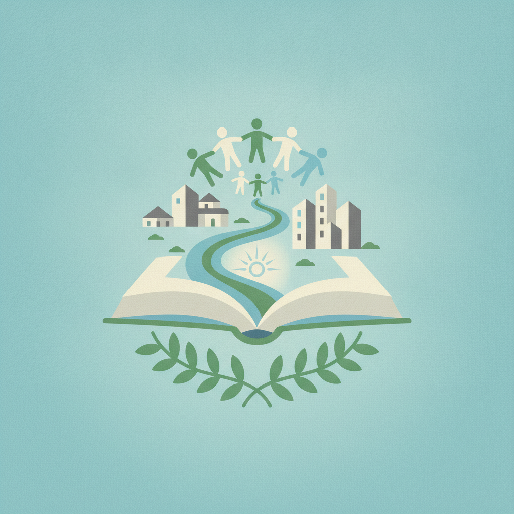 arc of diverse, stylized human figures (