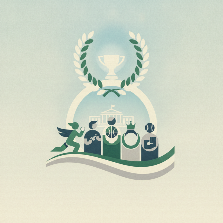 An illustration featuring a trophy framed by a