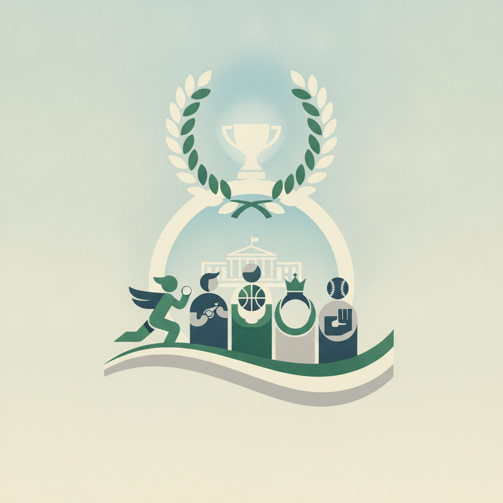 An illustration featuring a trophy framed by a