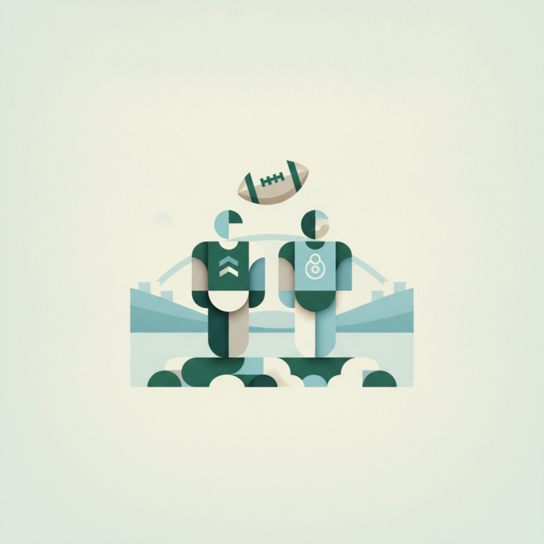 A minimalist geometric illustration featuring two stylized football players standing side-by-side in teal and green