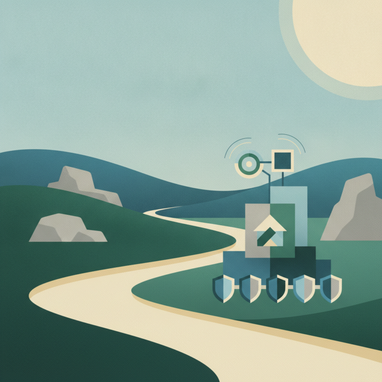 A flat, geometric illustration of a winding path through rolling green hills. On the right side of the path stands an