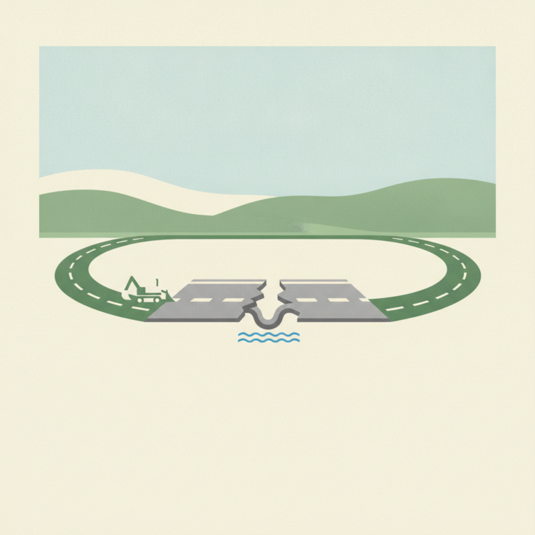 A graphic illustration of a broken road undergoing