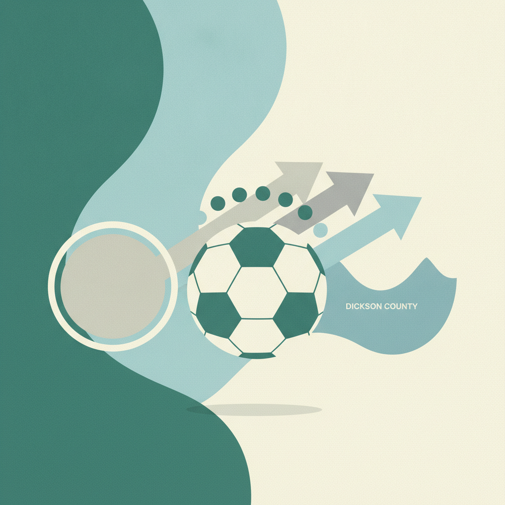 An abstract graphic illustration featuring a stylized teal and white soccer ball in the center, set against muted cream