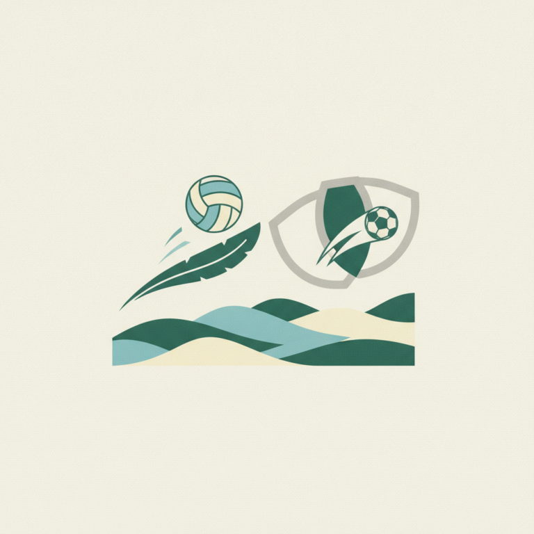 **Alt text:** A minimalist sports graphic illustration featuring a volleyball and a soccer ball in motion against a cream
