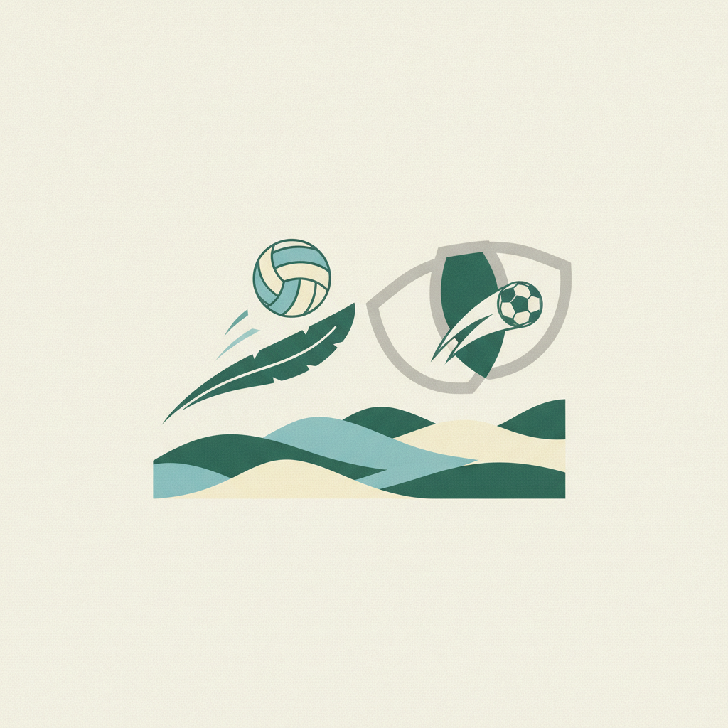 **Alt text:** A minimalist sports graphic illustration featuring a volleyball and a soccer ball in motion against a cream