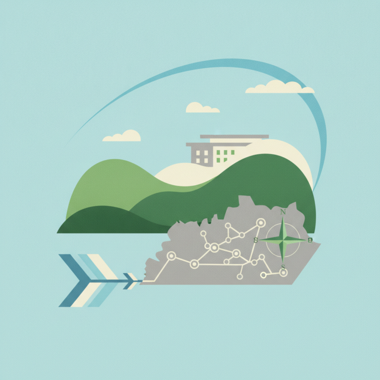 A graphic illustration featuring the silhouette of Kentucky overlaid with a transit network map and a compass rose