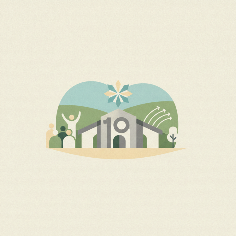 A minimalist illustration celebrating a 10-year anniversary, featuring a modern building with the number 10 on its facade. To