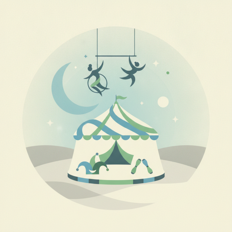A circular illustration featuring a modern circus big