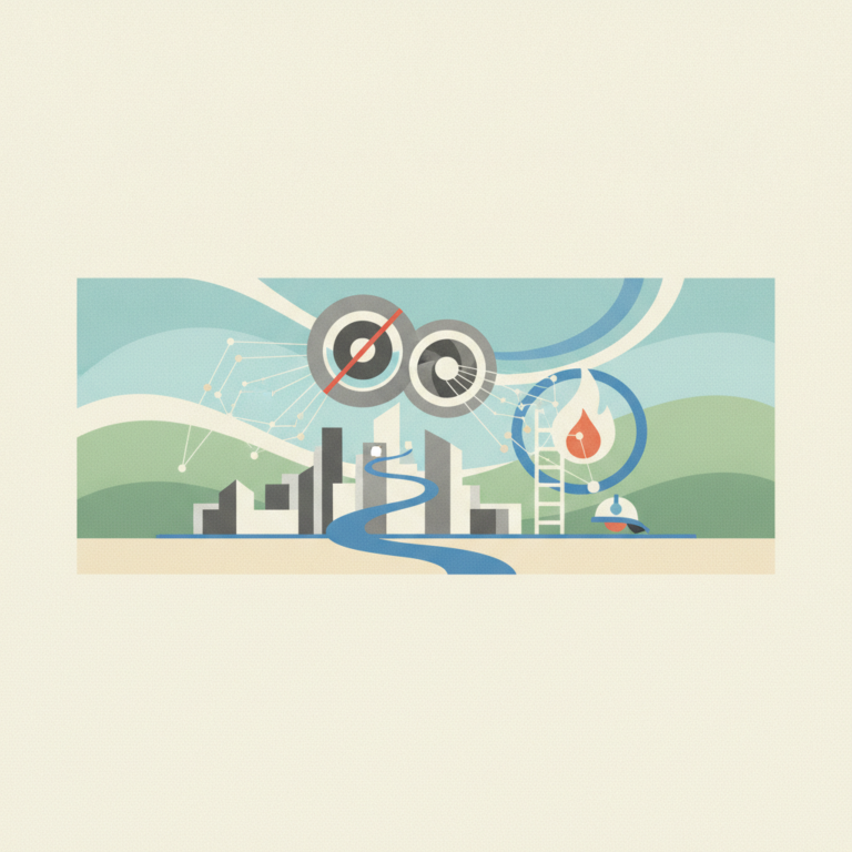 A graphic illustration depicting urban surveillance and public safety concepts against a backdrop of rolling hills. In the