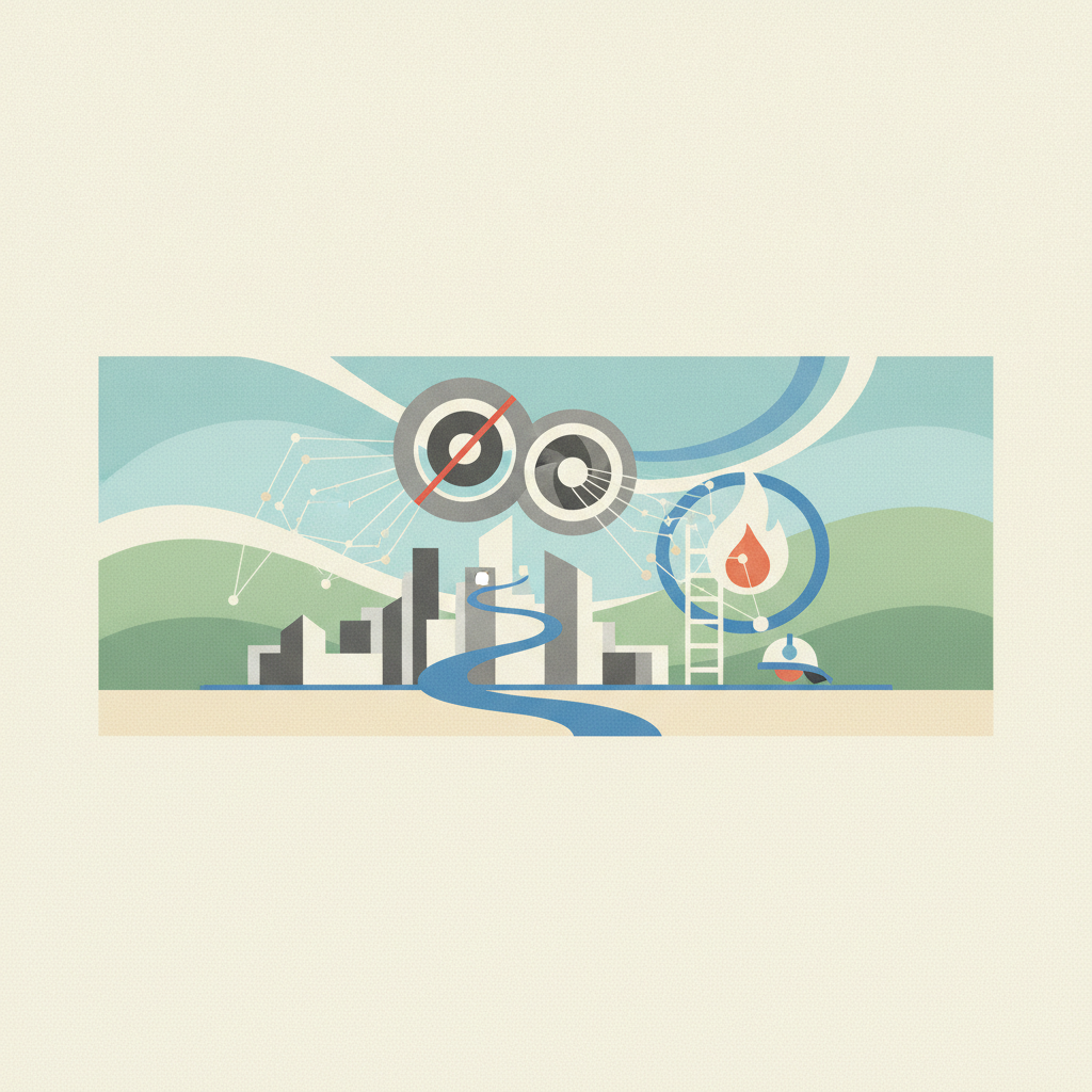 A graphic illustration depicting urban surveillance and public safety concepts against a backdrop of rolling hills. In the