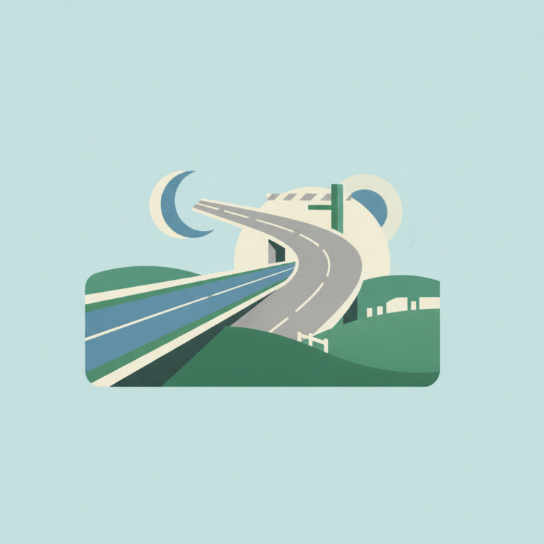 A minimalist graphic illustration of a curving highway