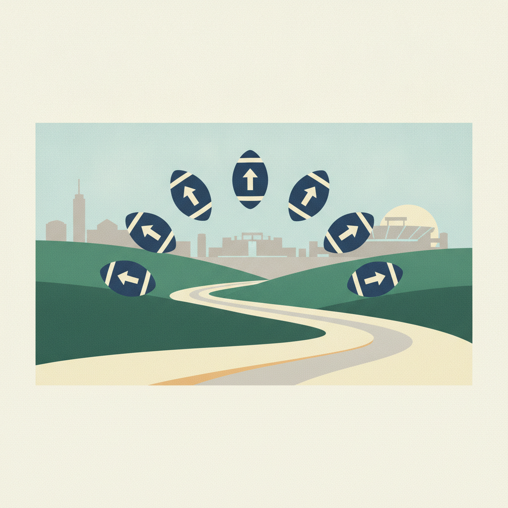 Graphic illustration of seven blue footballs
