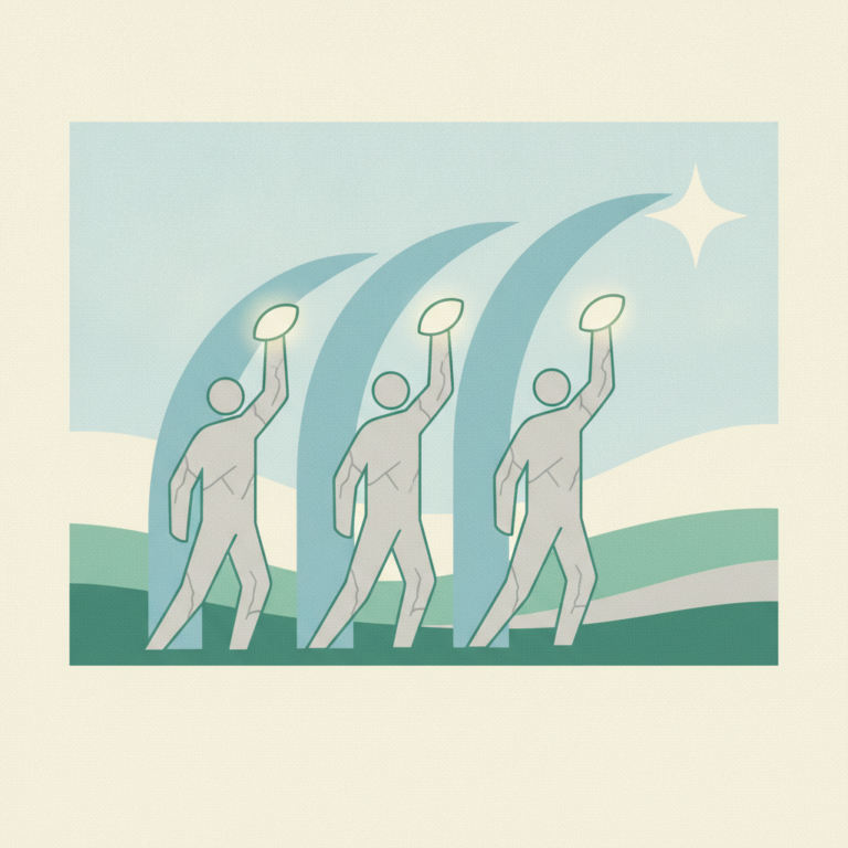 A stylized illustration of three cracked stone figures