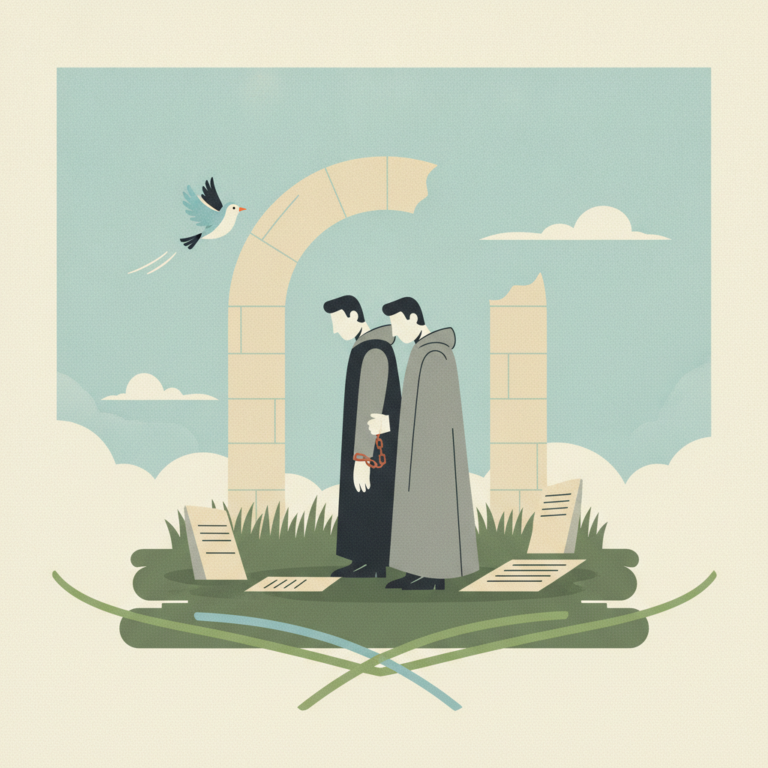 An illustration depicting two men in long