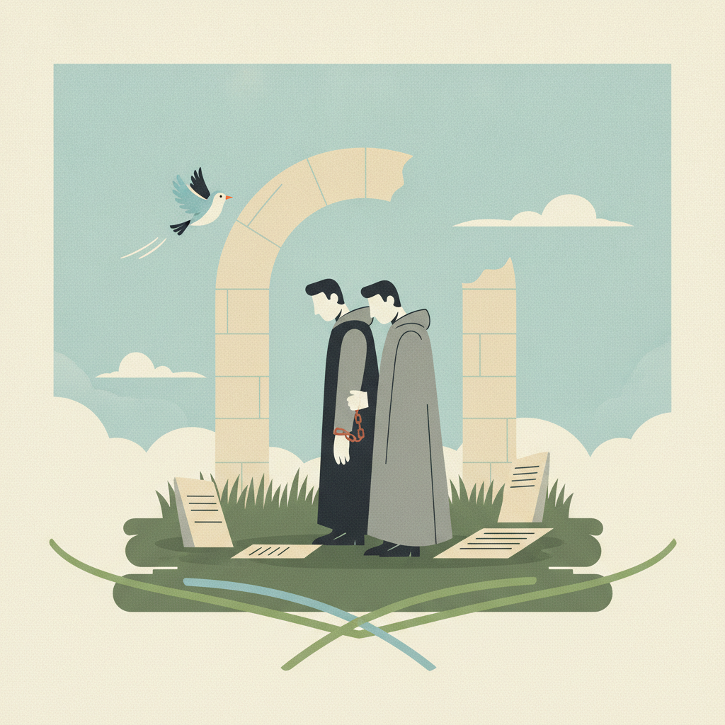 An illustration depicting two men in long