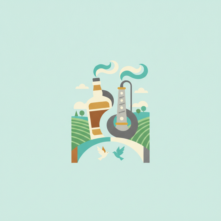 A stylized graphic illustration depicting spirits distillation connecting