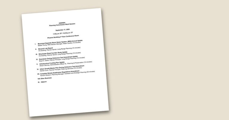 Cover page of the Planning Commission to discuss stormwater, downtown zoning, growth plan agenda PDF