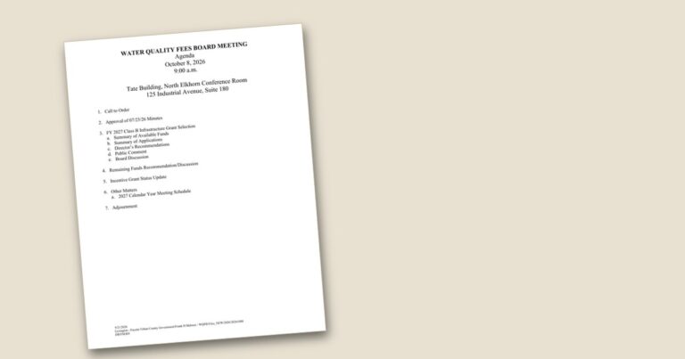 Cover page of the Water Quality Board to review FY 2027 infrastructure grant selections agenda PDF