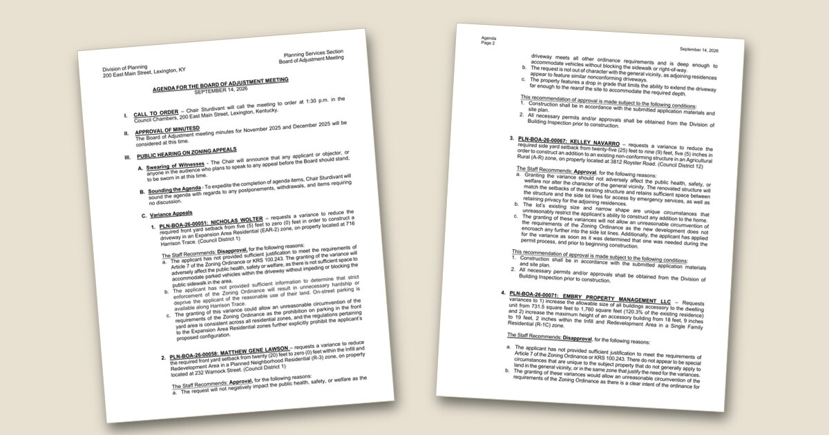 Board of Adjustment to hear 8 zoning appeals on September 14