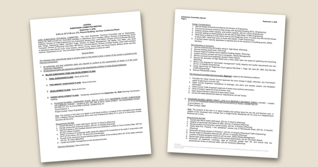 Cover page of the Planning panel weighs downtown multi-family, Nicholasville Road projects agenda PDF