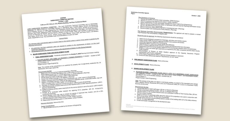Cover page of the Planning subdivision panel set to review mixed-use project on Tates Creek Road agenda PDF