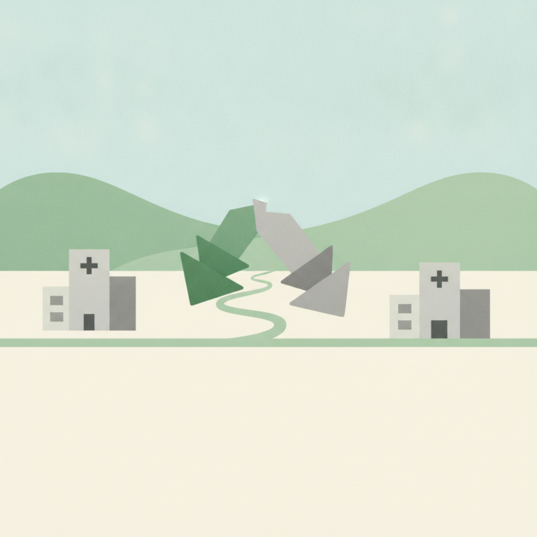 A minimalist illustration featuring two gray hospital buildings