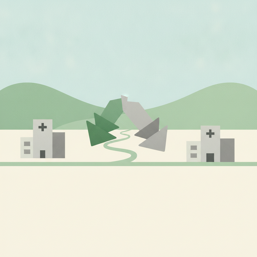 A minimalist illustration featuring two gray hospital buildings
