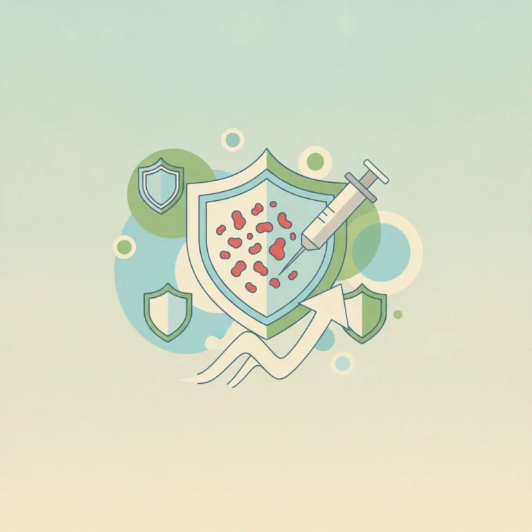 Medical illustration featuring a central shield containing red