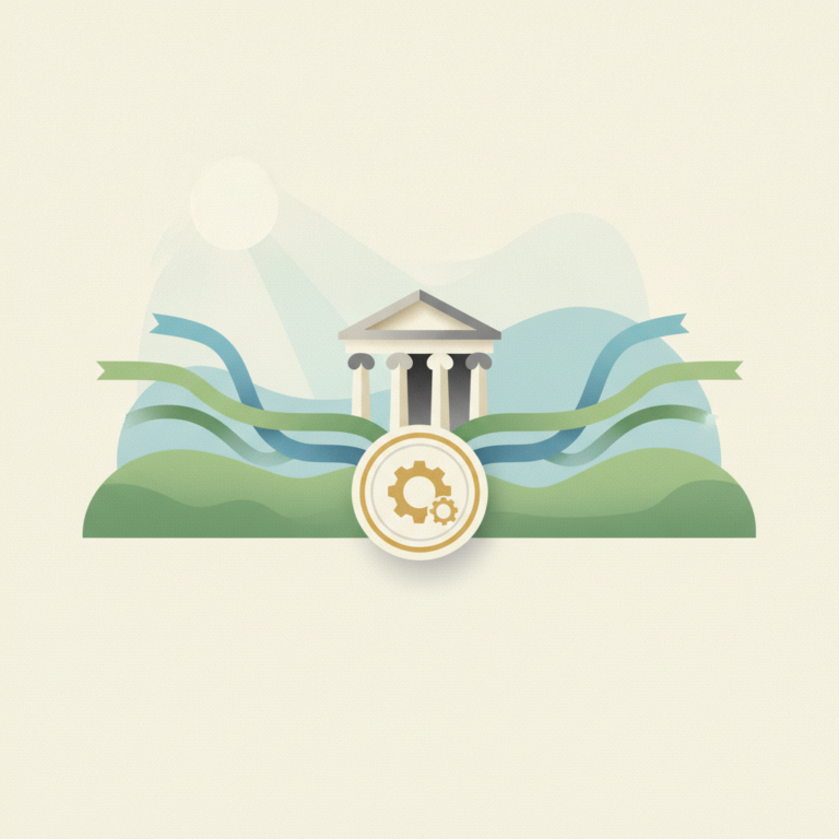 Graphic illustration featuring a classical neoclassical building