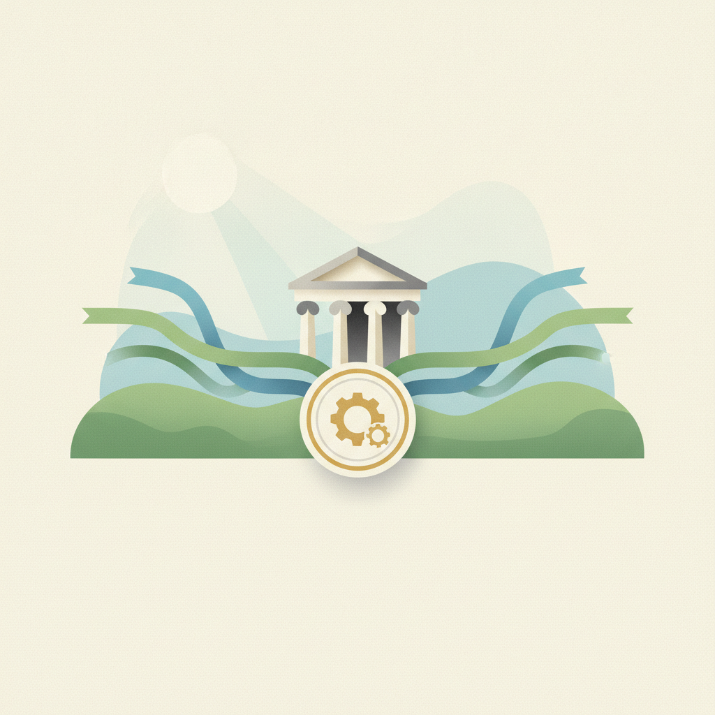 Graphic illustration featuring a classical neoclassical building