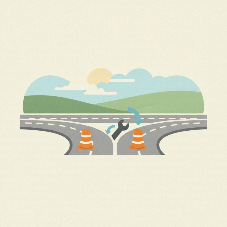 Graphic illustration of a highway fork with orange