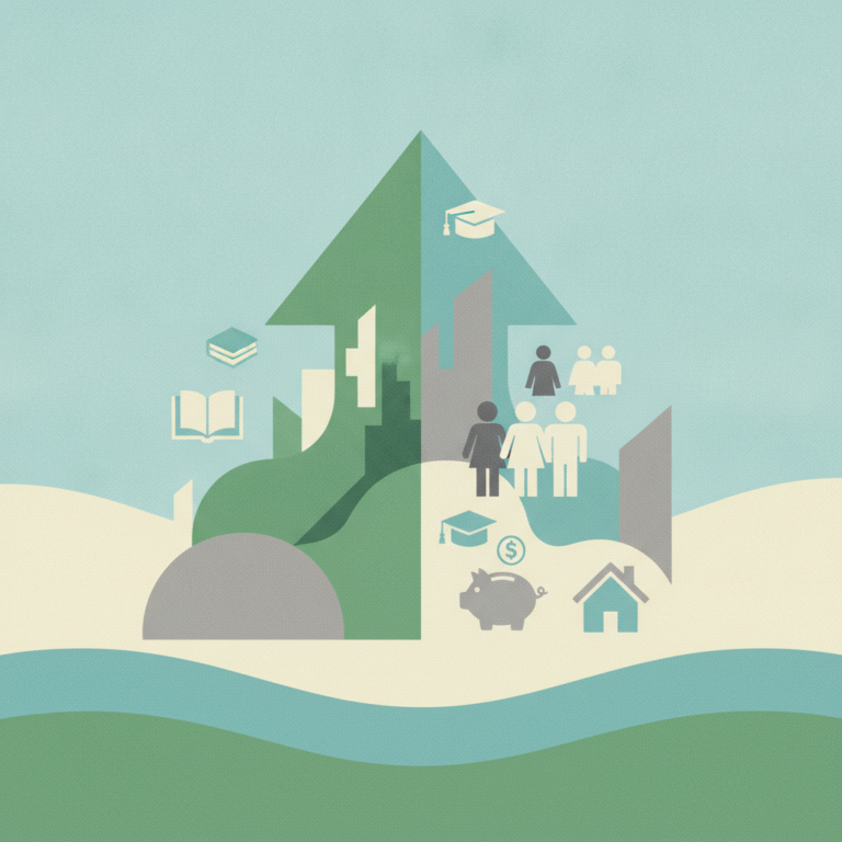 An illustration featuring a large upward