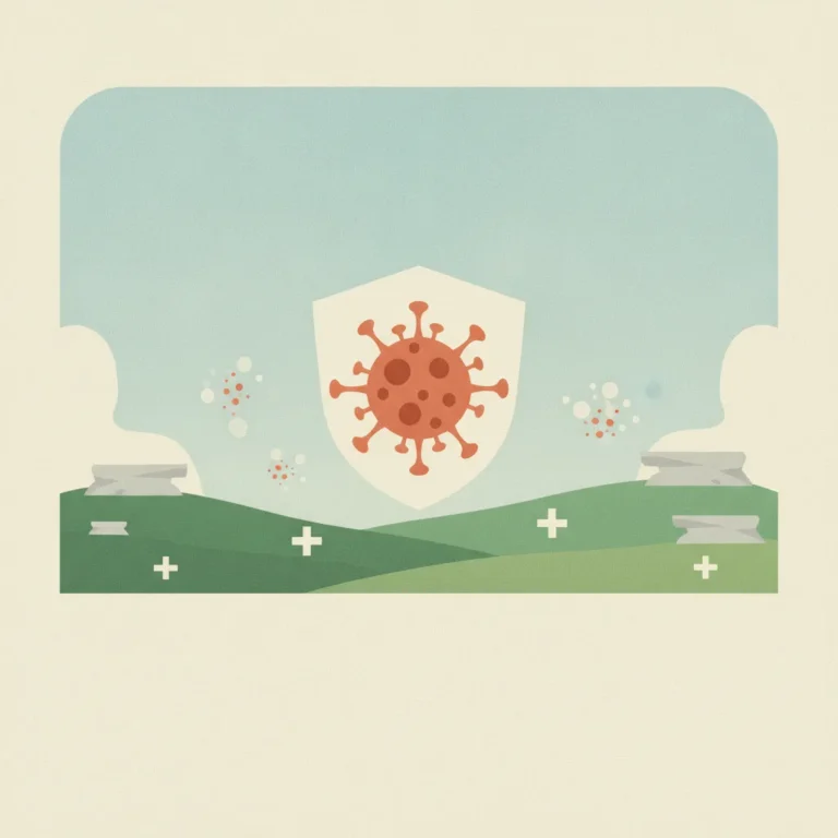 A minimalist illustration depicting a reddish-orange virus particle enclosed within a protective white shield symbol. The
