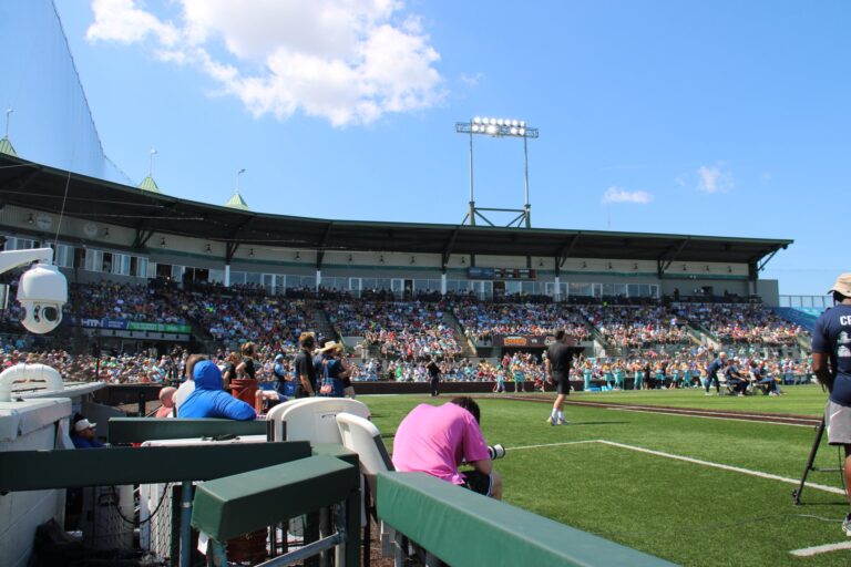 A packed baseball stadium grandstand filled with spectators beneath a covered roof on a bright, sunny day, viewed from field