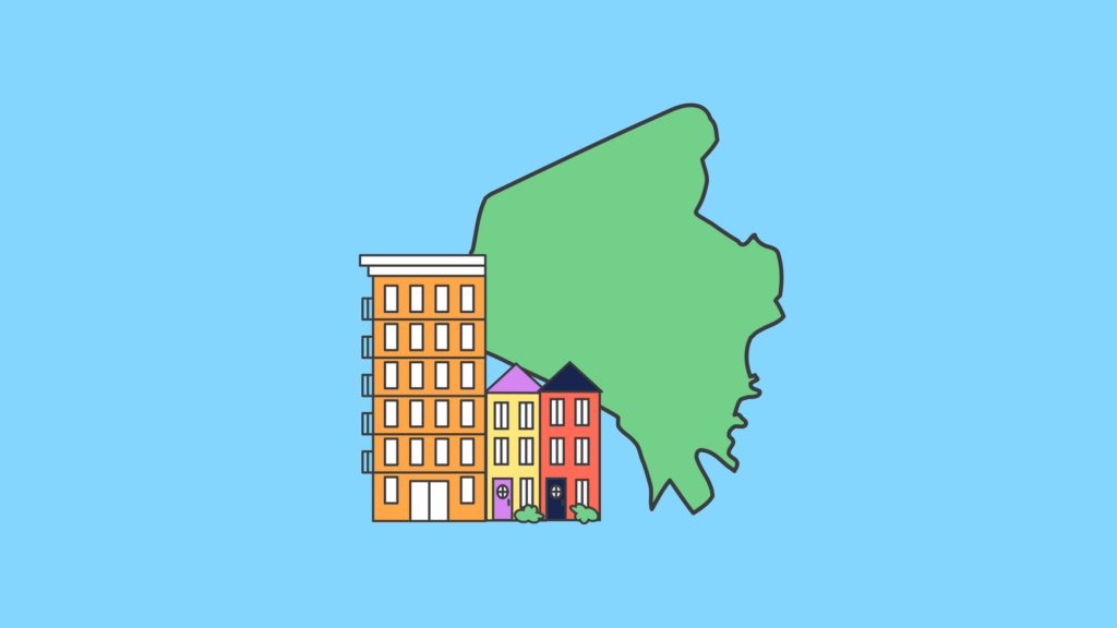 An illustration featuring a green silhouette map of