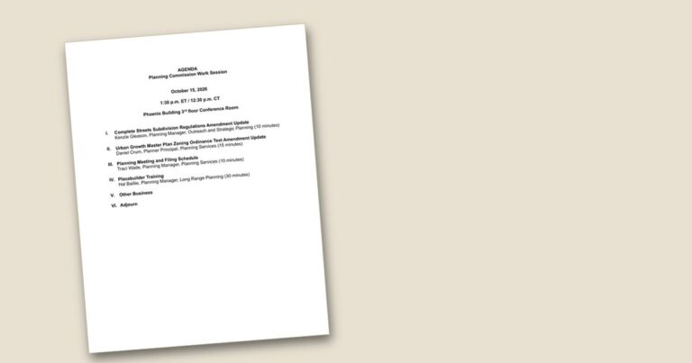 Cover page of the Planning Commission work session to review Complete Streets, growth-area zoning agenda PDF