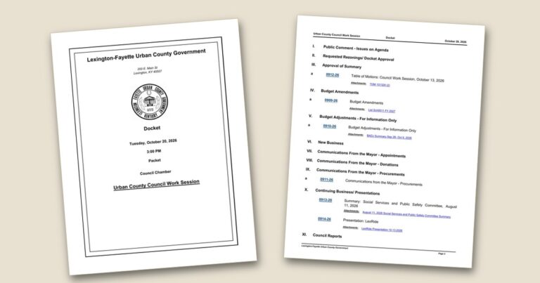 Cover page of the Council work session agenda lists grants, contracts and LexRide update agenda PDF