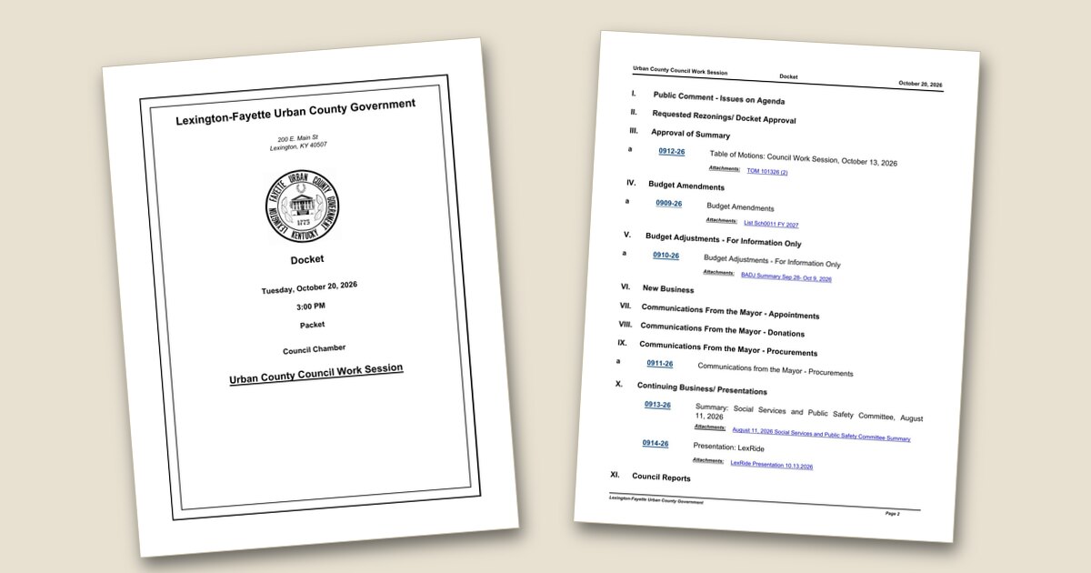 Council work session agenda lists grants, contracts and LexRide update