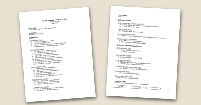 Cover page of the Historic district exterior work, 2027 calendar on BOAR agenda Wednesday agenda PDF