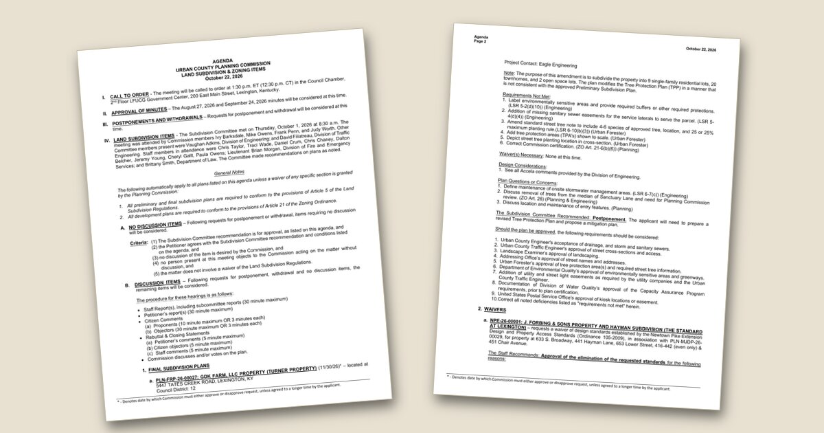 Two pages of a printed document titled "AGENDA, URBAN COUNTY PLANNING COMMISSION, LAND SUBDIVISION & ZONING ITEMS, October