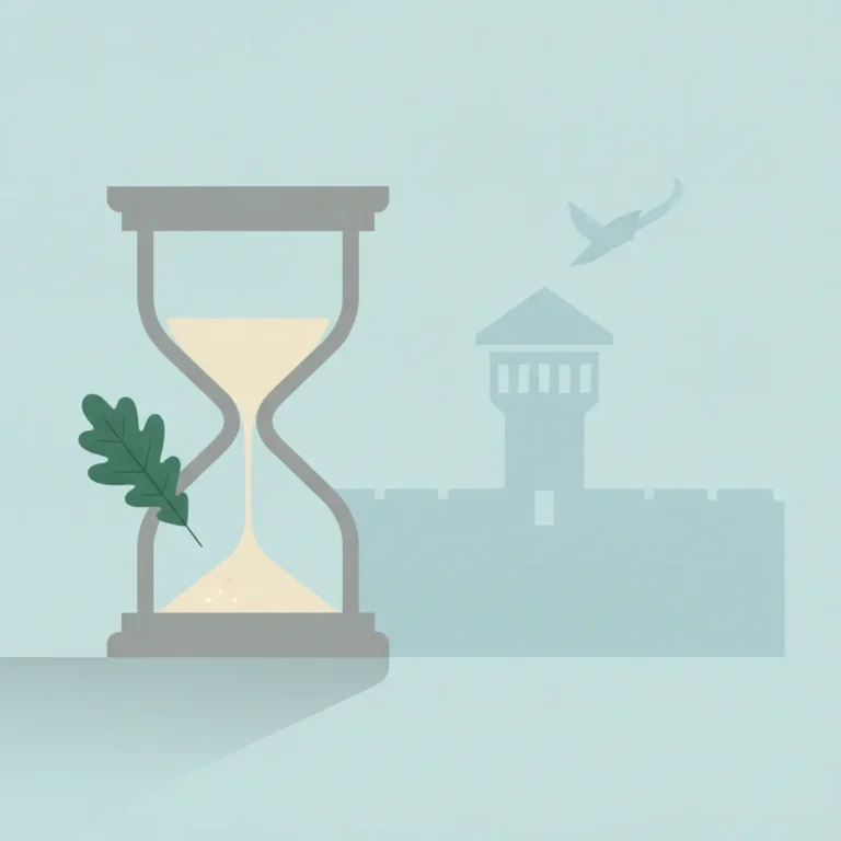 An illustration depicting an hourglass with sand running down on the left, next to a small green oak leaf. In the muted